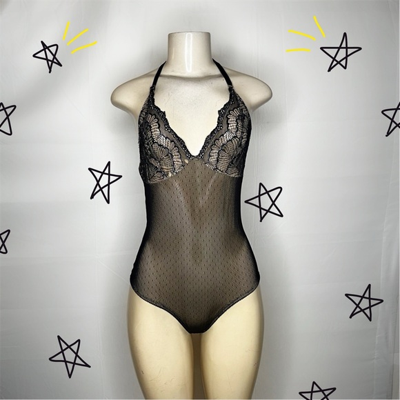 Black Sexy Mesh & Lace Bodysuit, Size S - Picture 1 of 7